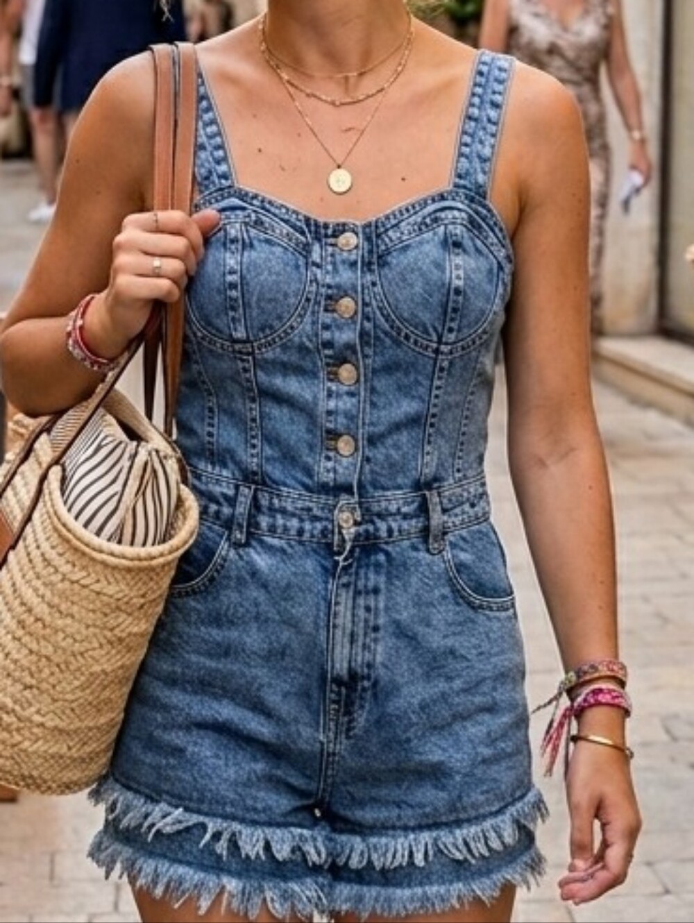 Washed Blue Denim Romper with Frayed Hem Detail